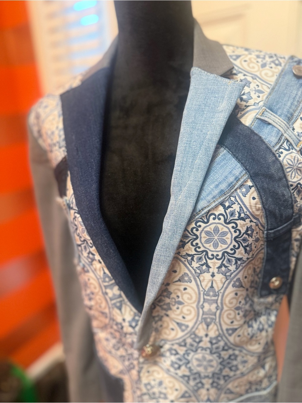 Crown & Ivy Gray Blazer with Blue Paisley and Denim Patchwork - Men’s Blazer - Picture 7 of 11
